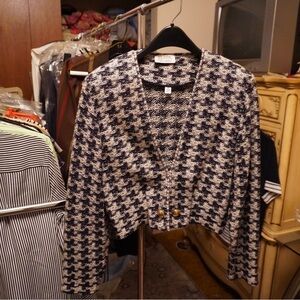 Chic Blue and White Houndstooth Blazer